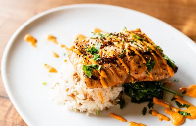 Grilled Salmon - Turkish-style rice, sauteed spinach, roasted red pepper, aioli